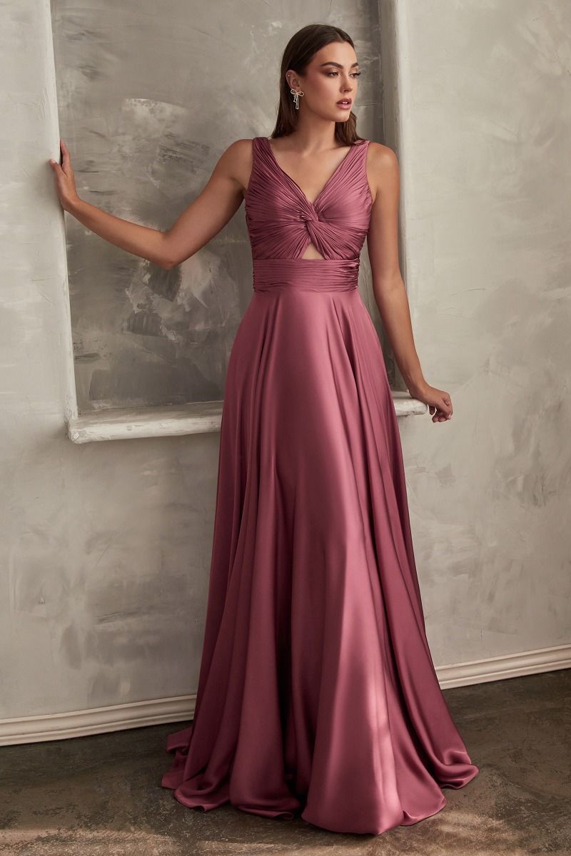 A-Line Satin Keyhole Open Back V-Neck Long Bridesmaid Dress CD7497-0